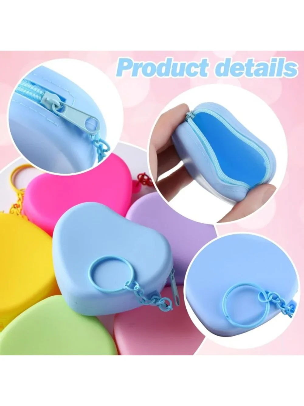 24 Heart Shaped Silicone Coin Pouches - Cute Mini Wallets with Keychain for